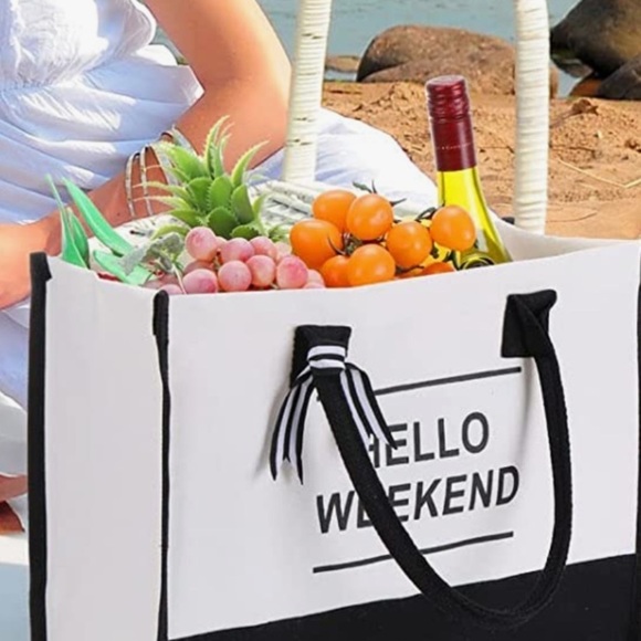 Woman's Black And White Large Canvas Handle Bag Versatile Durable & Fun - Picture 3 of 6